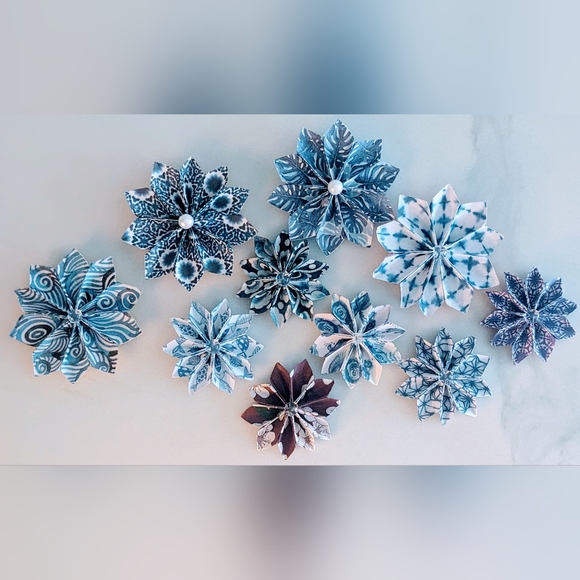 Blue Hand Folded Paper Flower Lapel in peacock-esque paper design - Picture 3 of 7